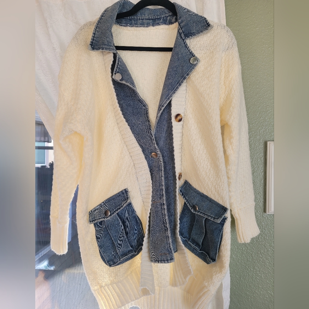 Cream and Blue Cardigan Sweater